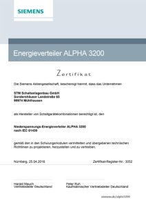 Zertifikat Niederspannungs-Energieverteiler ALPHA 3200 nach IEC 61439